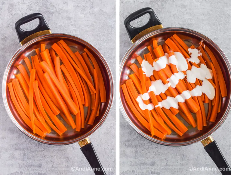 Two images of a pot: first with sliced cooked carrots. Second with cream drizzled on top.