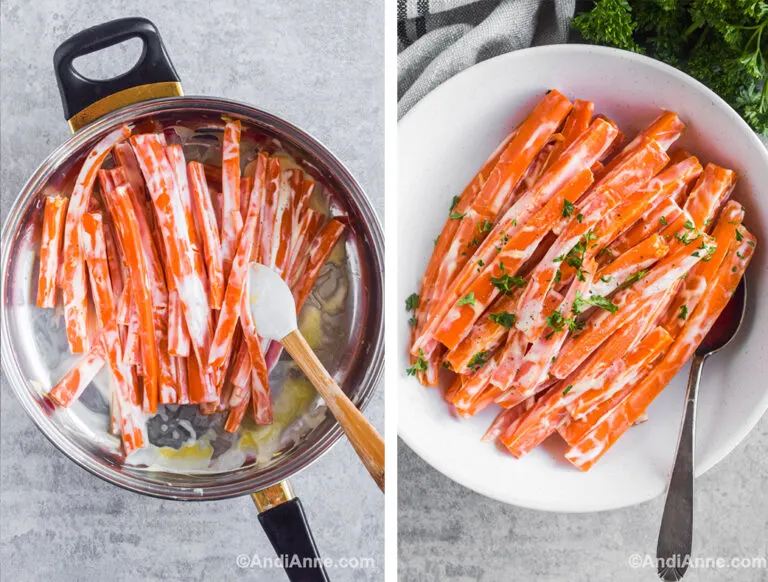 Two images: first of a pot with sliced carrots and cream sauce. Second with sliced creamy carrots in a white bowl with a spoon.