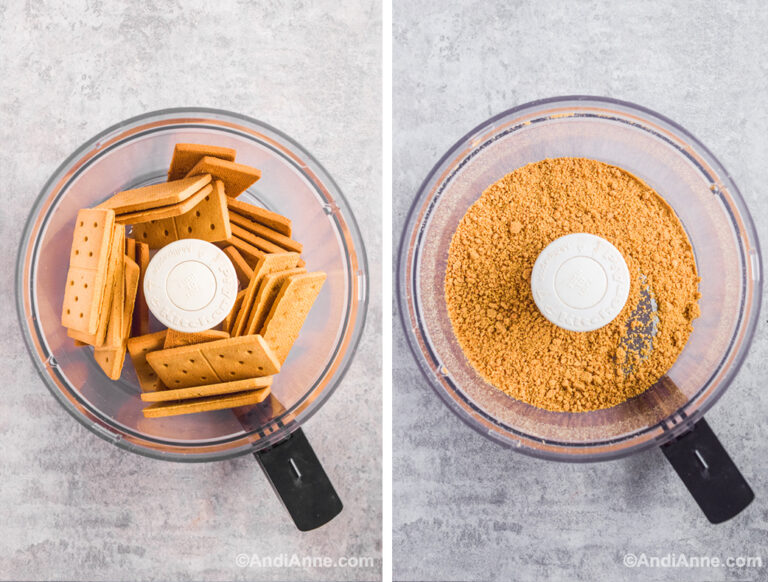 Two images of food processor: first with graham crackers, second with blended graham cracker crumbs.