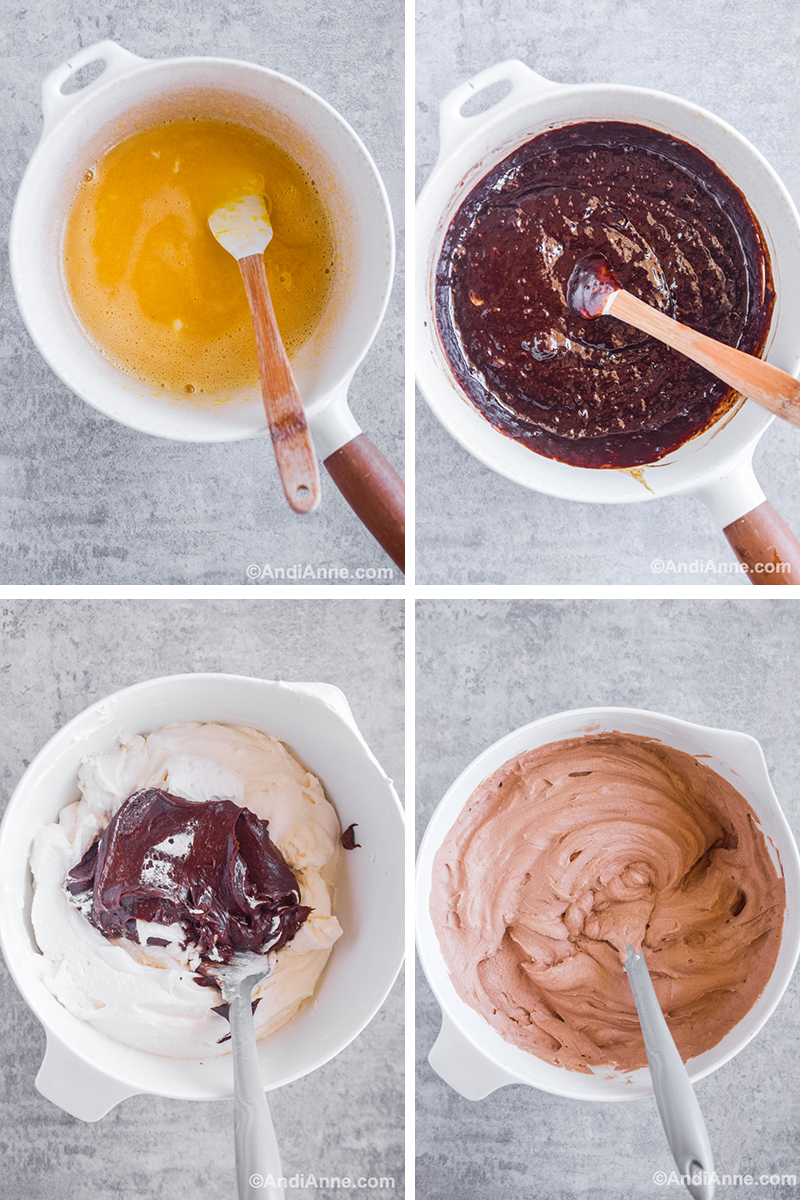 Four images of steps to make recipe including pot with melted egg and sugar, pot with melted chocolate. bowl with chocolate poured over top of whipped cream, and chocolate creamy mixture in white bowl.