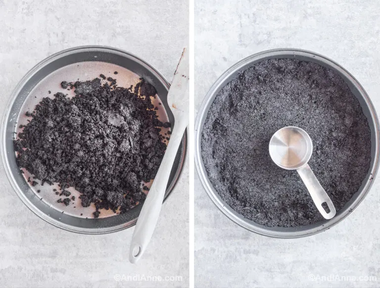 Two images of a pie pan: first with cookie crumbs and spatula, second with crust pressed in an a measuring scoop.