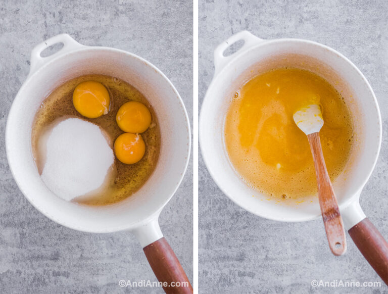 Two images of a white pot: first with eggs and sugar, second with eggs mixed together.