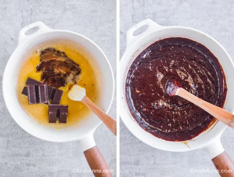 Two images of white pot: first with melted eggs and butter and chocolate. Second with melted chocolate sauce mixed together and spatula.