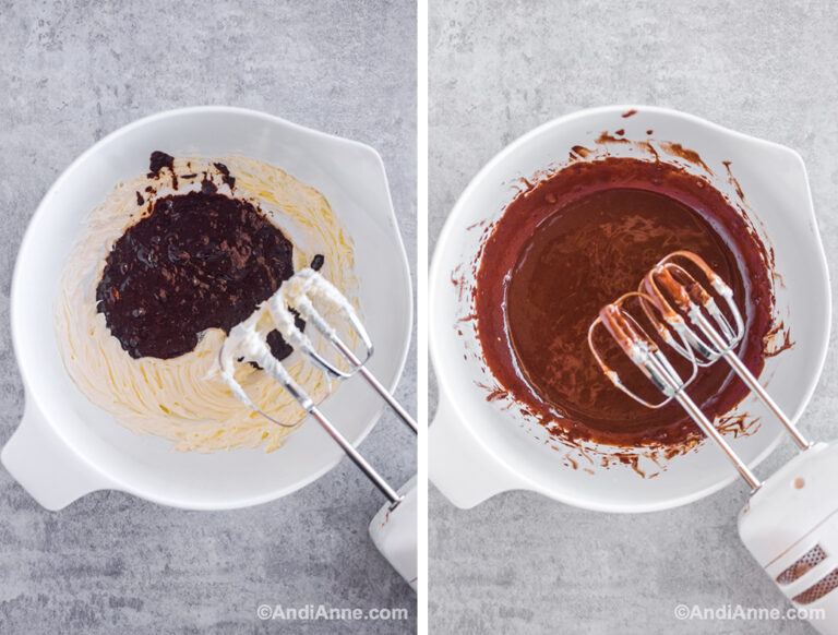 Two images of white bowls and mixer: first with white sauce and melted chocolate, second with melted chocolate mixed together.