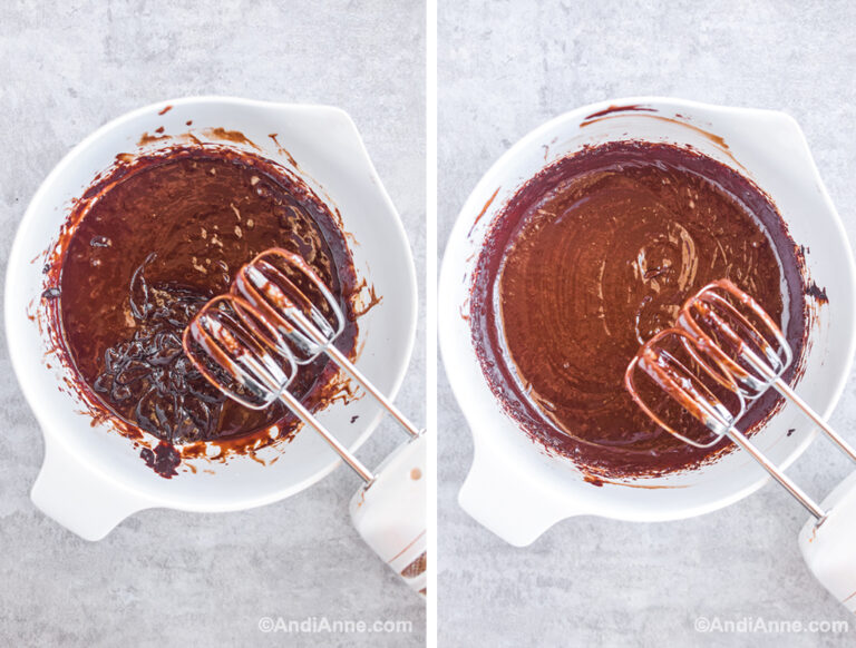 Two images of white bowl: First with chocolate and hand mixer, second with chocolate mixed and hand mixer.