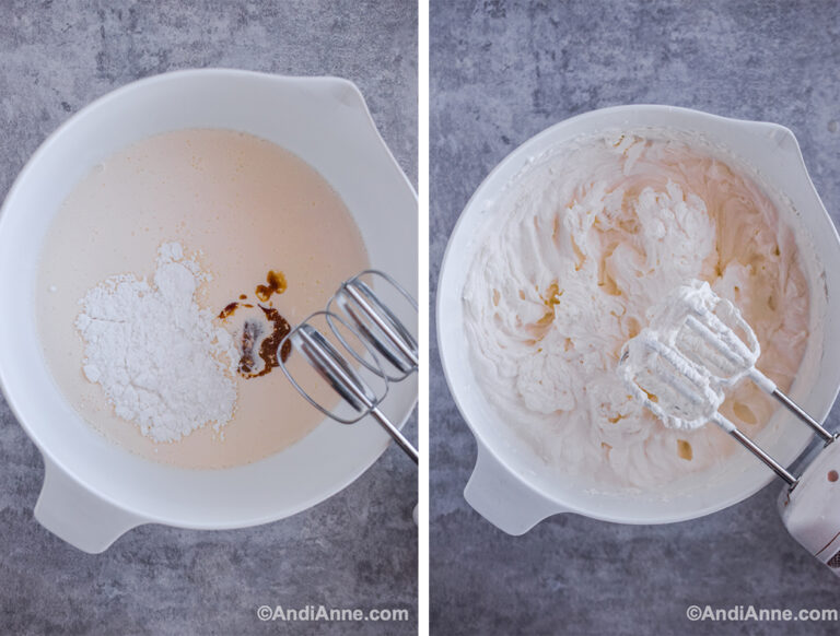 Two images of white bowl: first with white ingredients dumped in, second with whipped cream and hand mixer.