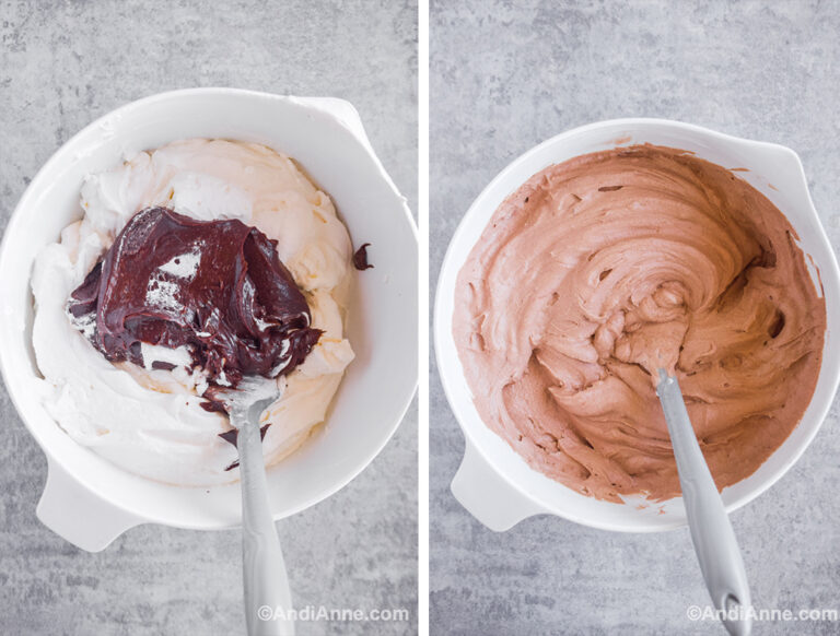 Two images of white bowl, first with whipping cream and chocolate dumped in. Second with chocolate whipped cream mixed.
