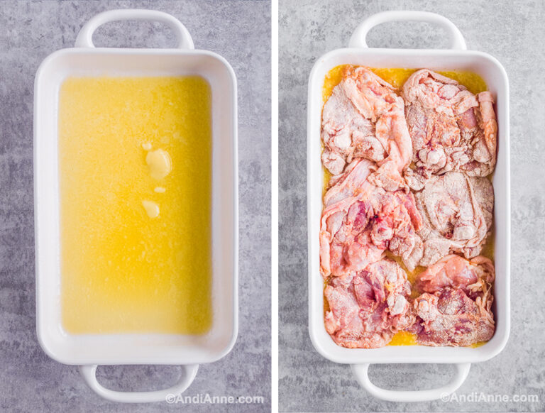 Two images of casserole dish: first with melted butter, second with raw chicken facing skin-side down in dish.