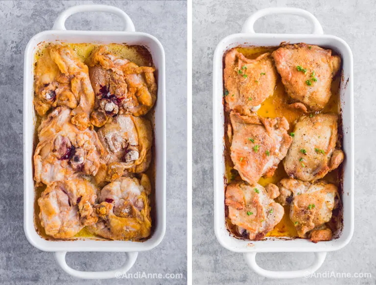 Two images of chicken in casserole dish: first with cooked chicken thighs upside down, second with chicken fully cooked skin side up.
