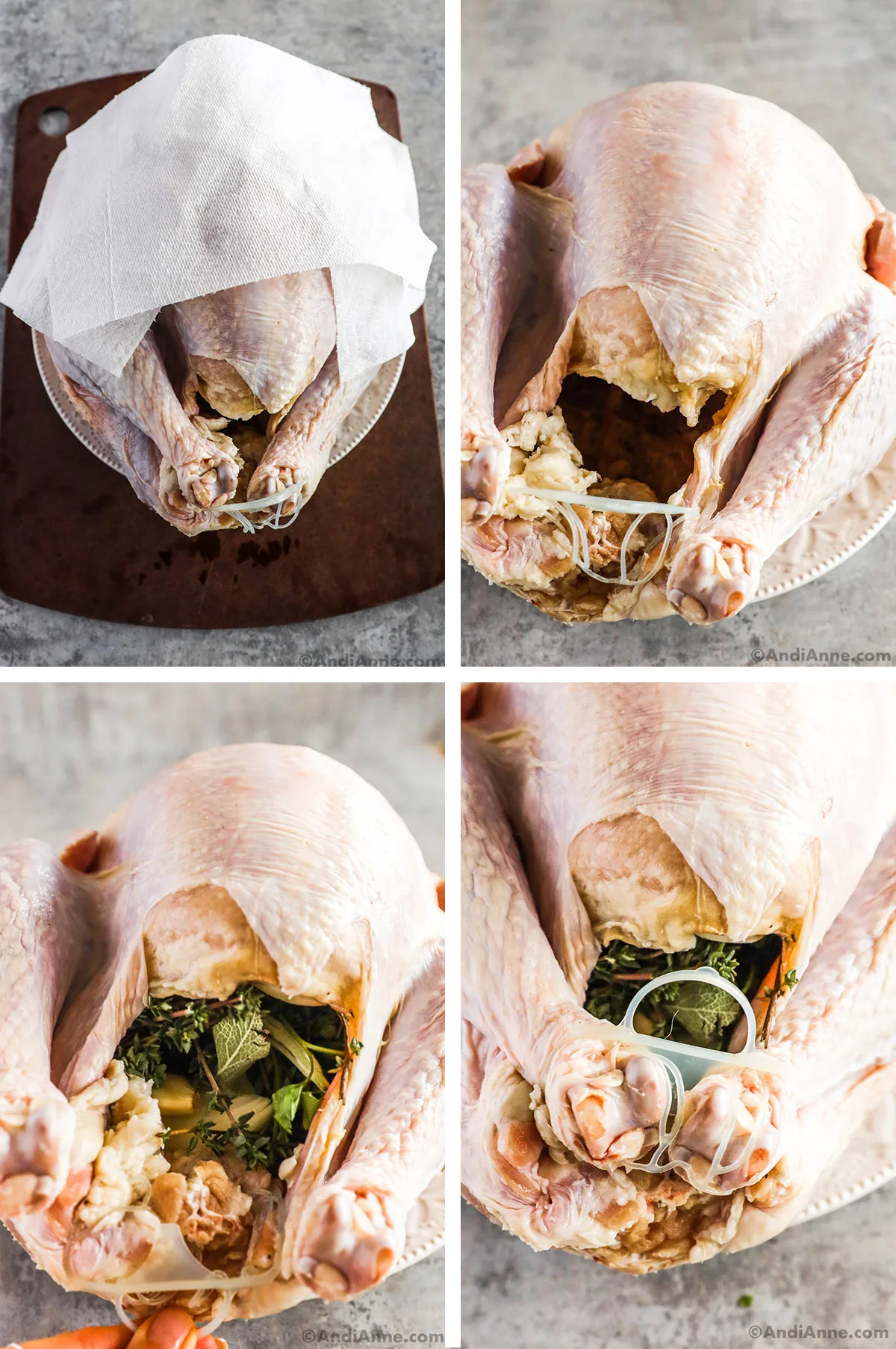Four images of a raw turkey, first patted with paper towel, and then stuffed with herbs and onion, and legs tied together.