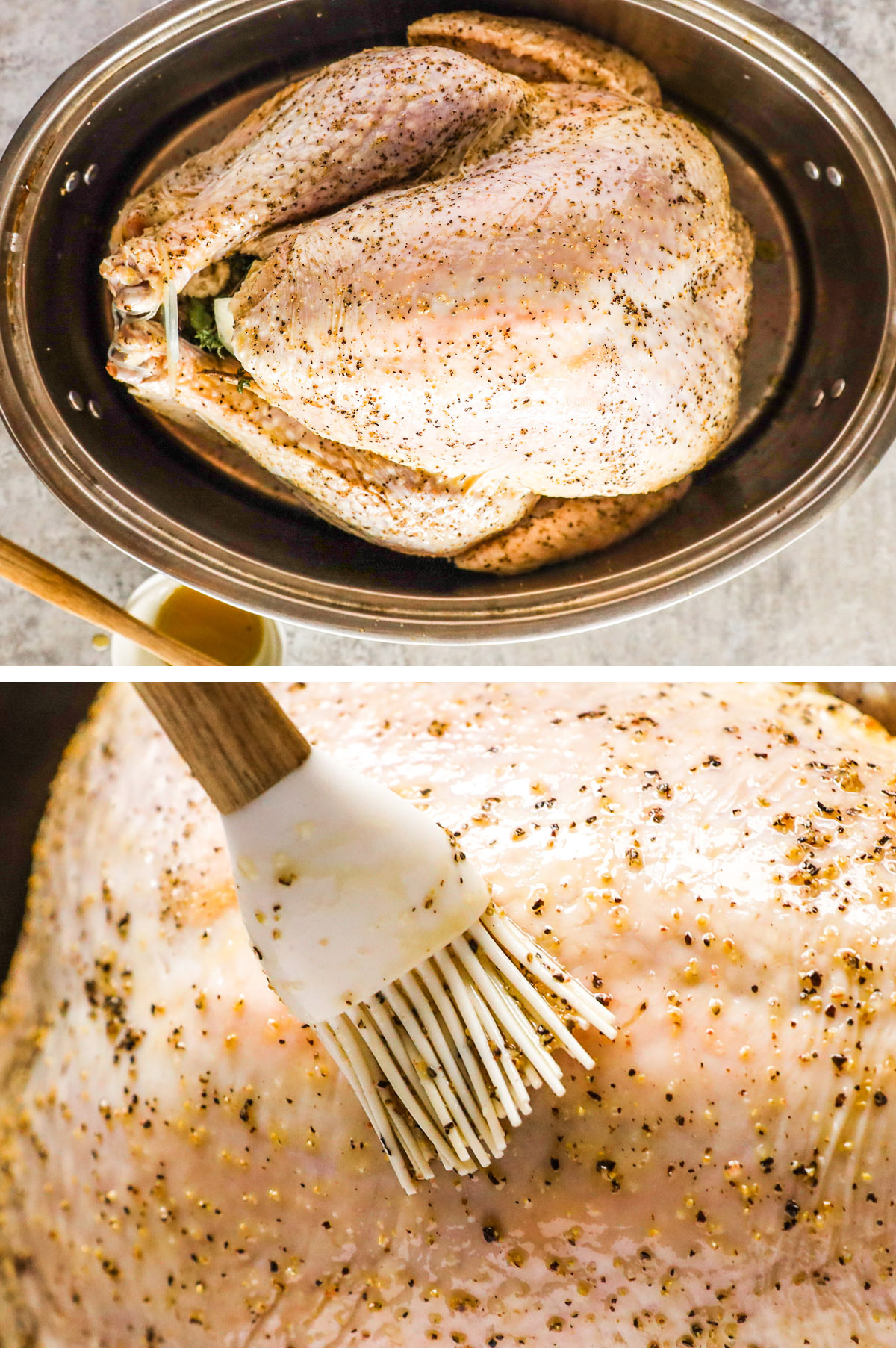 Raw turkey in a roasting pan, and close up of a silicone brush on the turkey skin.