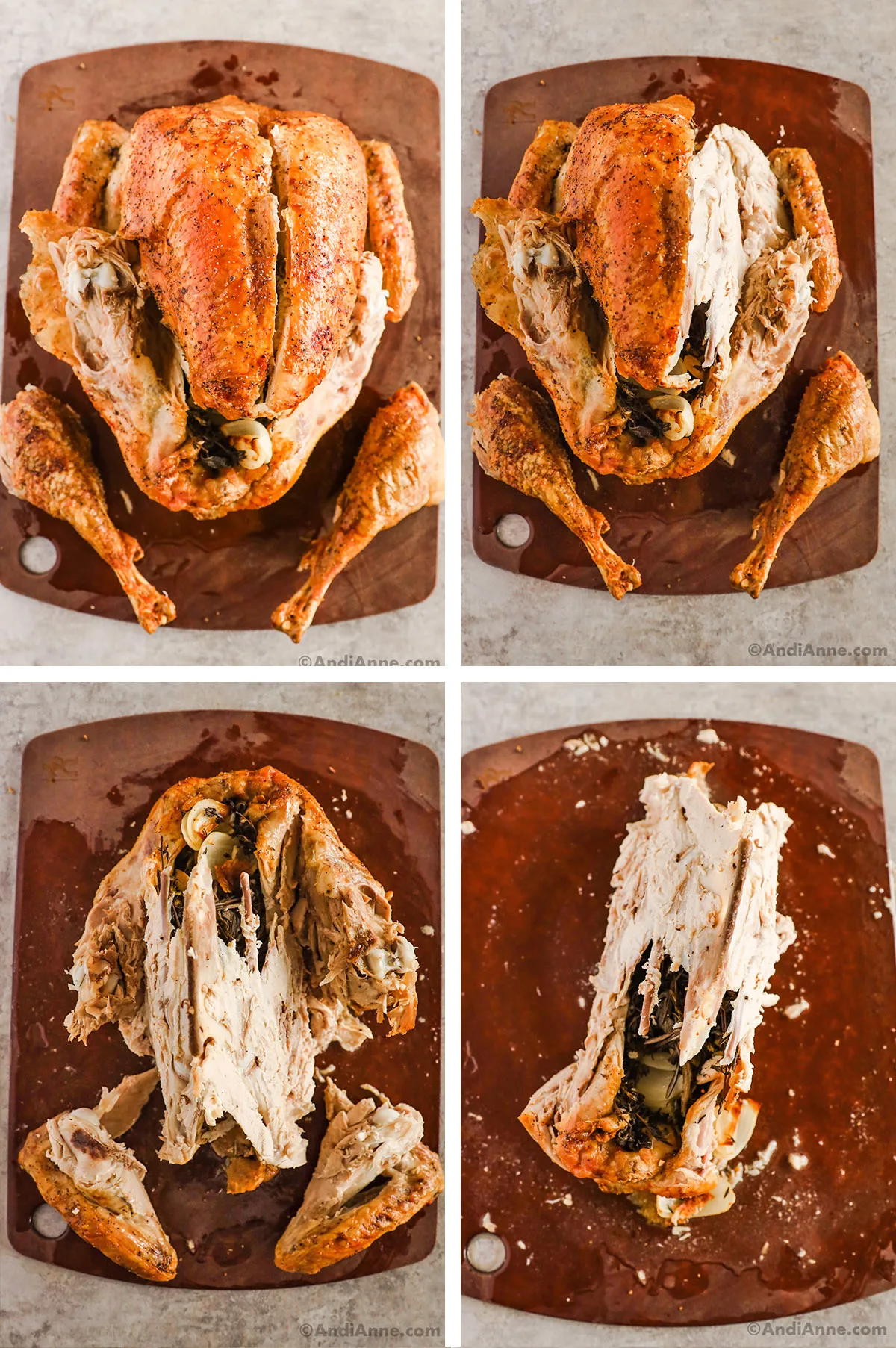 Four images of cutting a turkey in various stages on a cutting board.