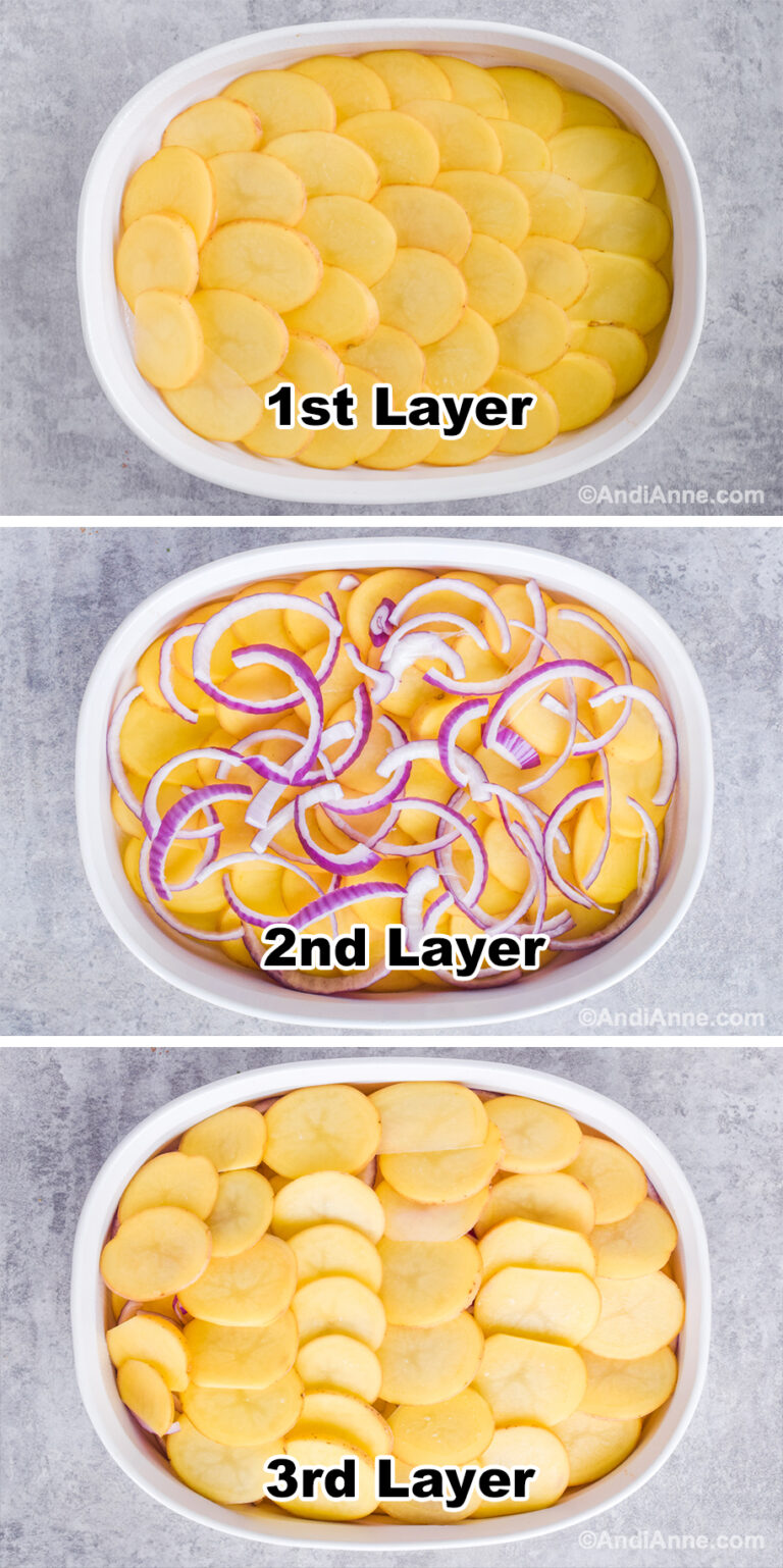 Three images of white casserole dish: first with layer of sliced potatoes, second with sliced onion on top, third another layer of sliced potatoes.