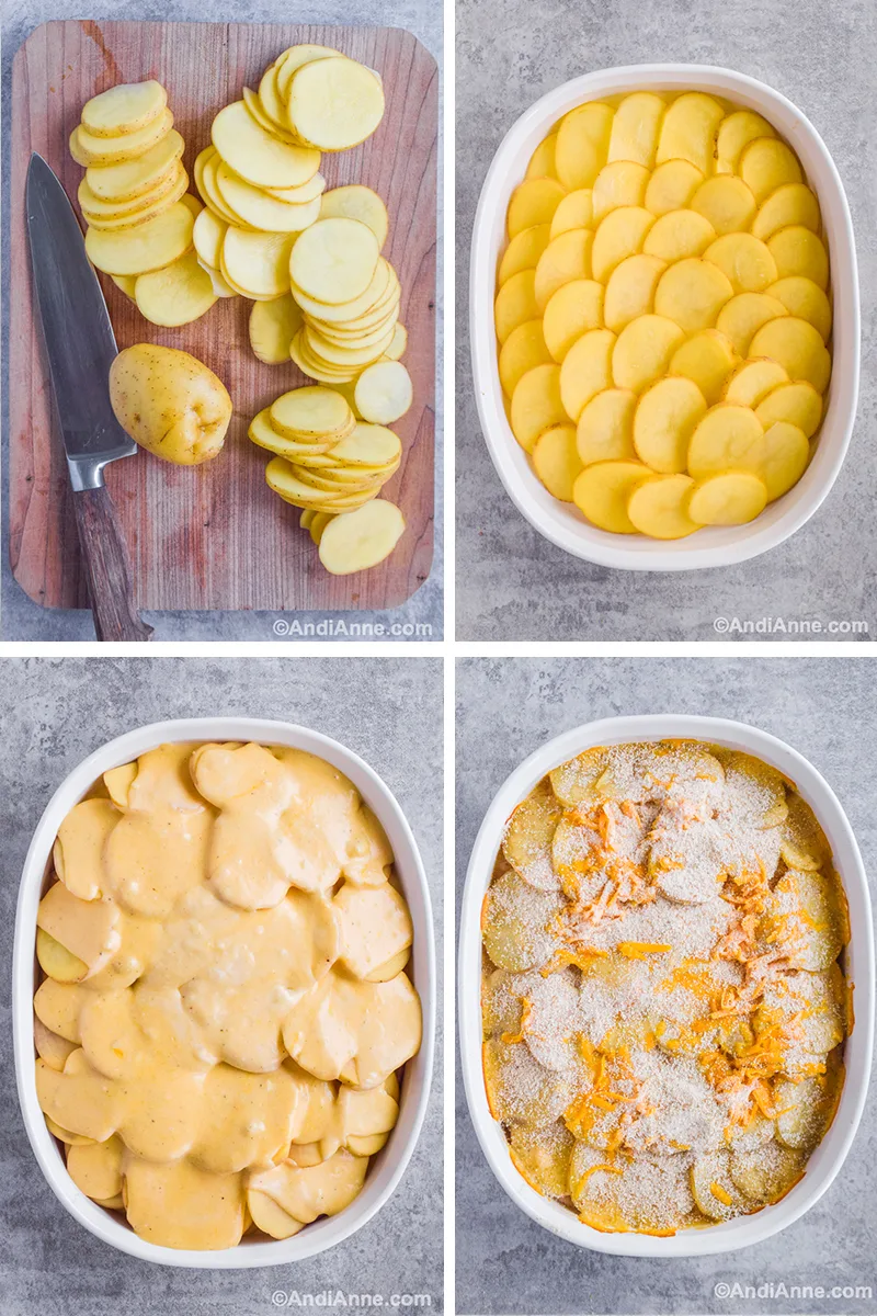Four images showing steps to make recipe: first is sliced thin potatoes on a cutting board with a knife. Second is sliced potatoes in a white casserole dish. Third is melted cheese sauce drizzled over potatoes in baking dish, fourth is added breadcrumbs and shredded cheese over recipe.