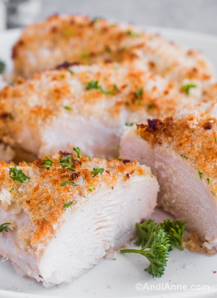 Close up of inside of ranch chicken breasts cut in half.