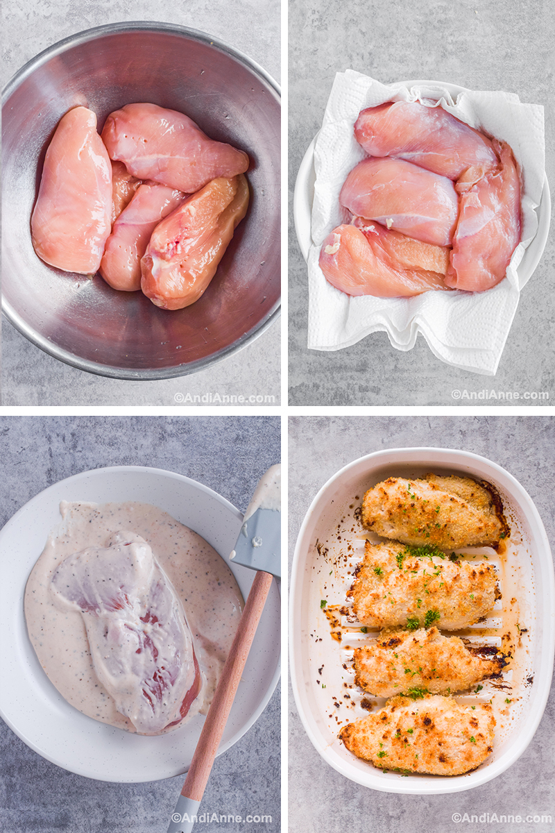 Four images of steps to make recipe: First image of raw chicken in steel bowl, second image of raw chicken on paper towel in bowl, third of chicken coated in ranch dressing bowl, fourth of cooked chicken breasts in white casserole dish.