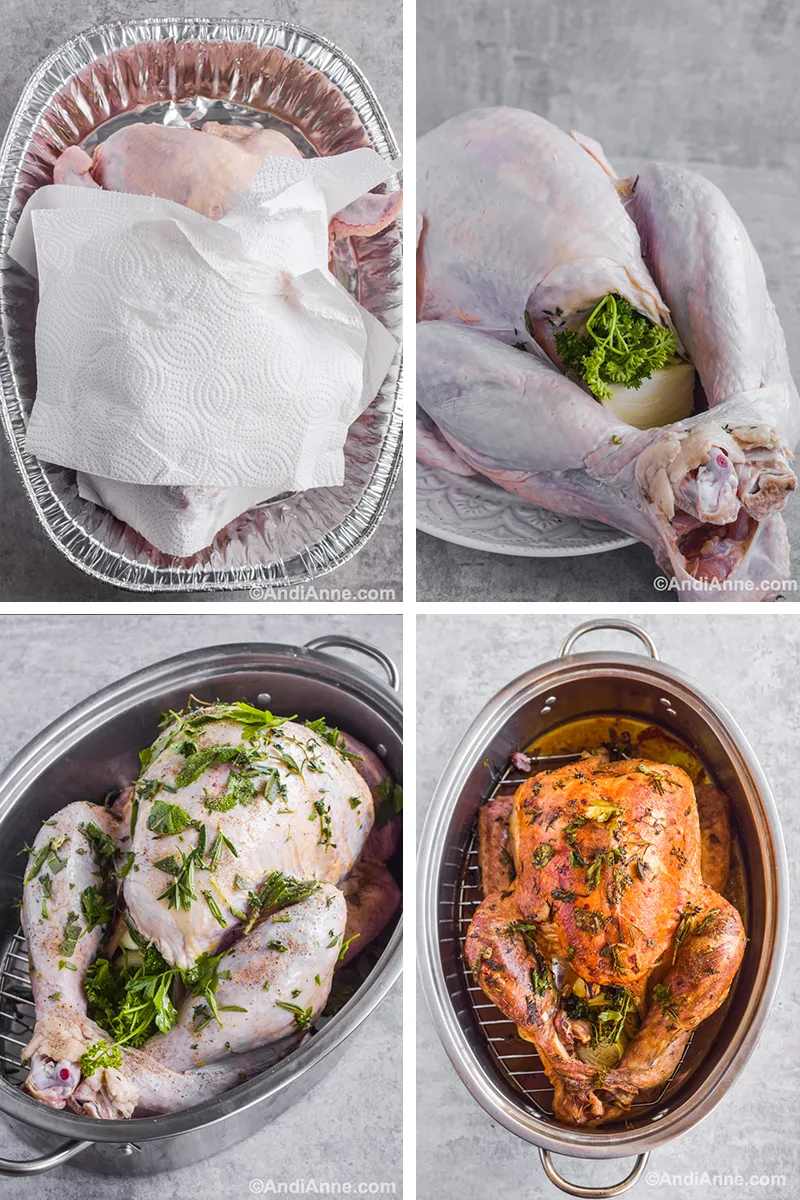 Four images together: first with paper towel over turkey, second with raw turkey, parsley and onion in turkey cavity. Third with raw turkey in roasting pan covered with fresh herbs. Four is roasted turkey in pan.