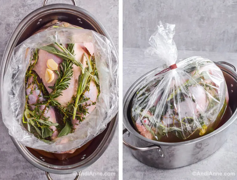 Two images of turkey in a bag with herbs and water. First one looking down, second one is side angle with bag tied together in roasting pan.