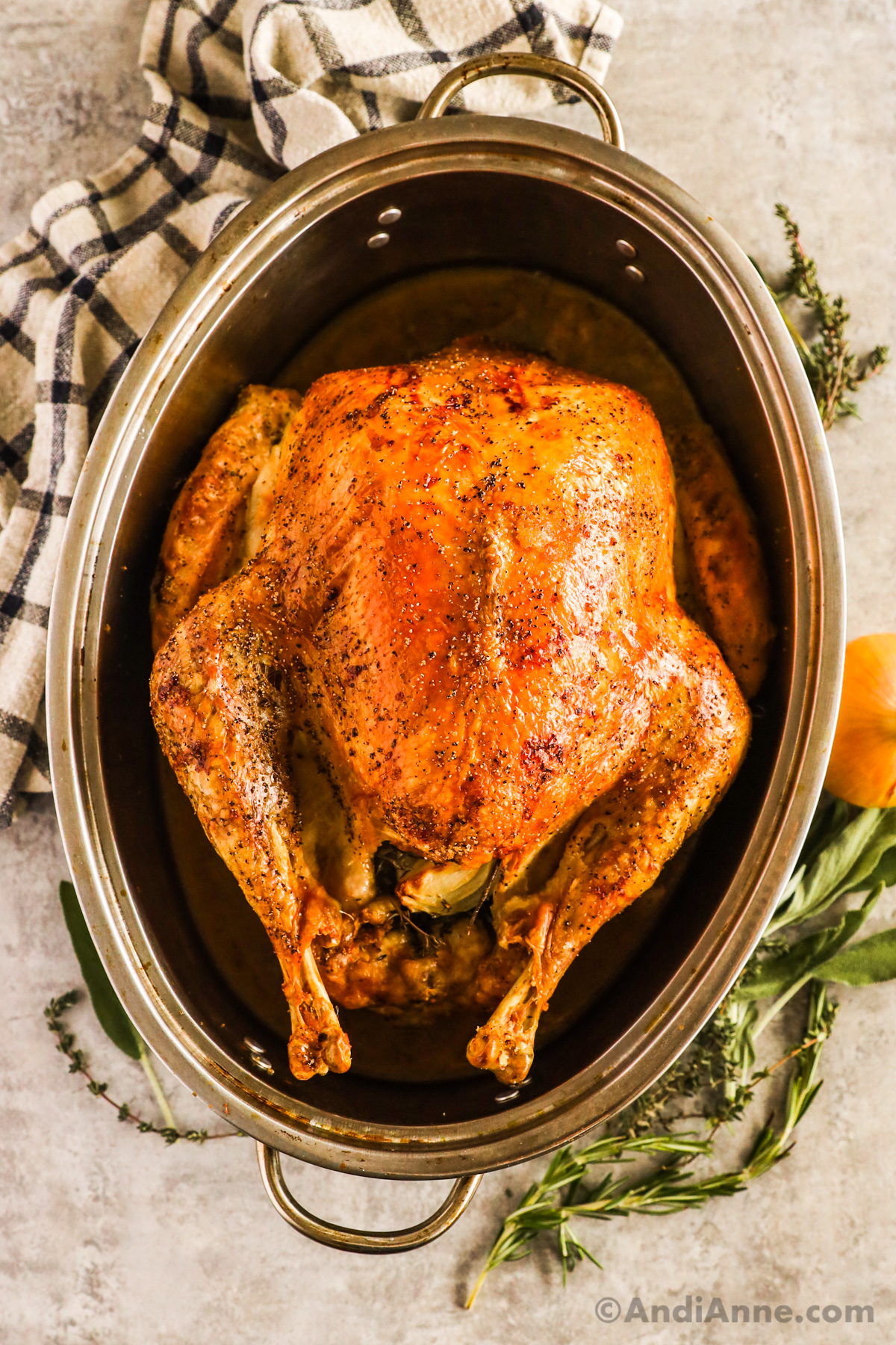 A roasted turkey in a roasting pan. 