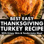 A roasted turkey, first on a plate and also in a roasting pan with the text "best easy thanksgiving turkey recipe"