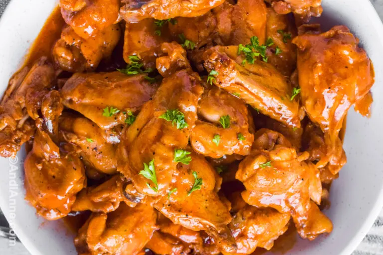 Baked chicken wings in a barbecue sauce.