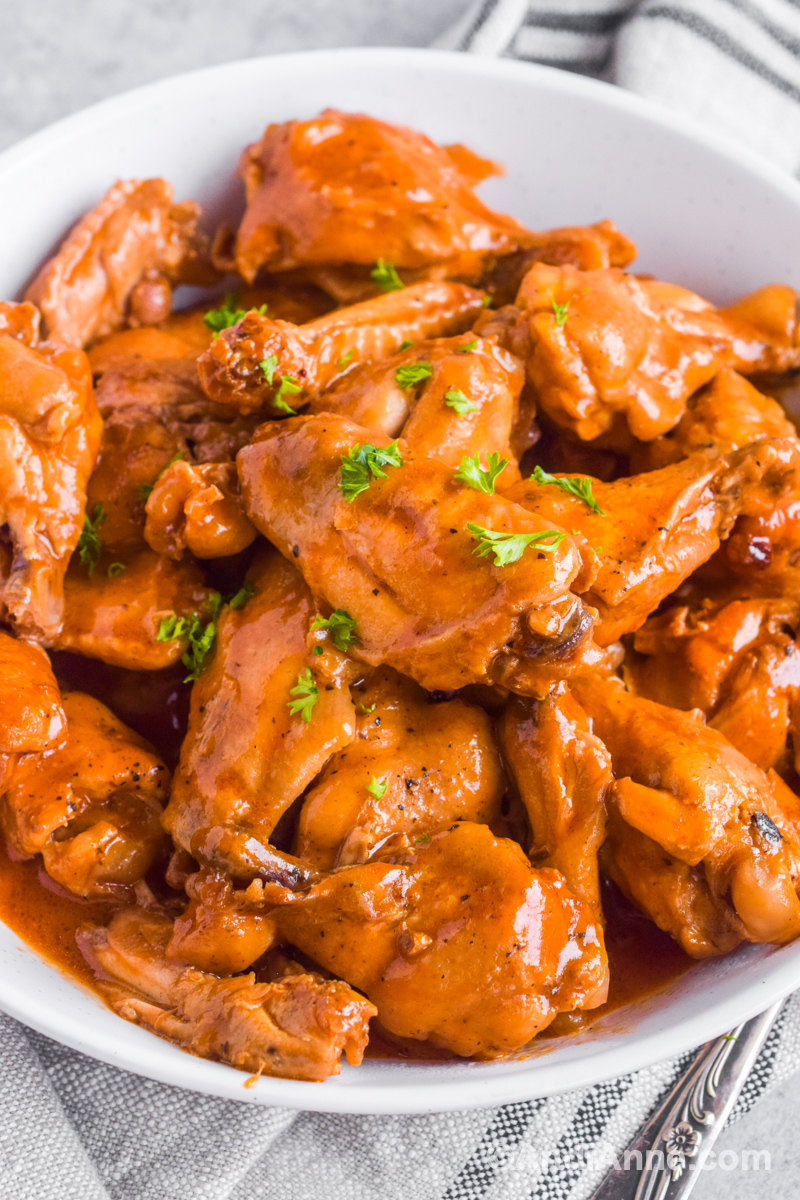 Overhead view of finished slow cooked BBQ wings