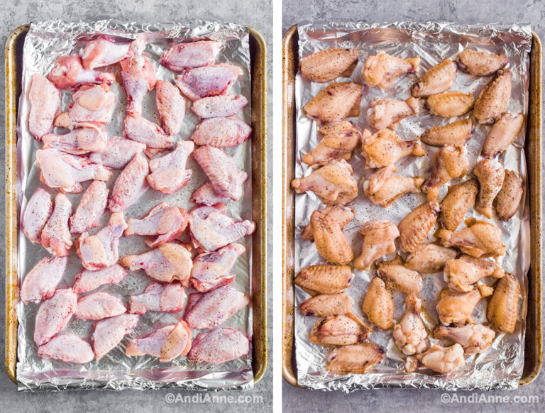 Two images of a baking sheet. First with raw chicken wings, second with baked chicken wings.