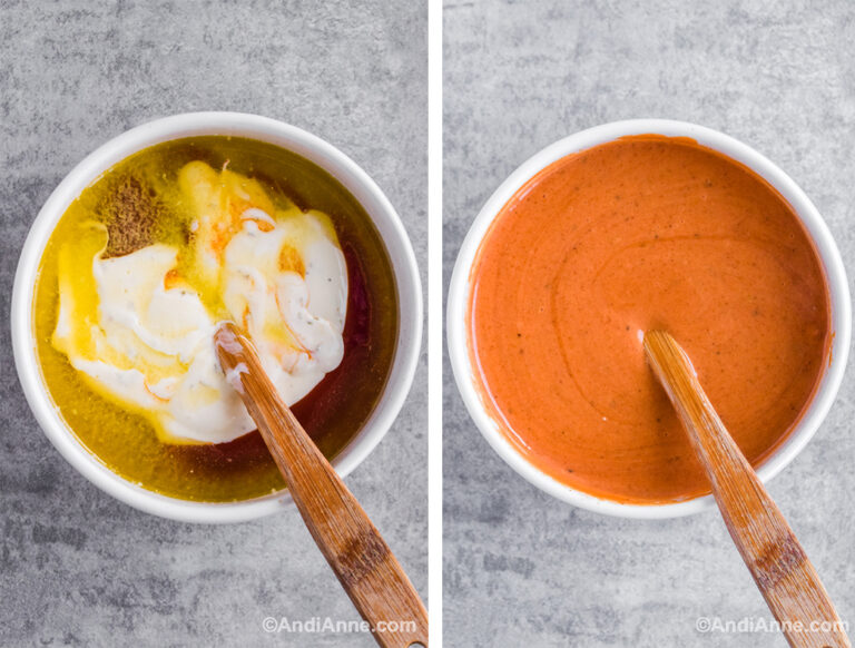 Two images of a white bowl. First with melted butter, ranch and barbecue sauce. Second with orange sauce and spatula.