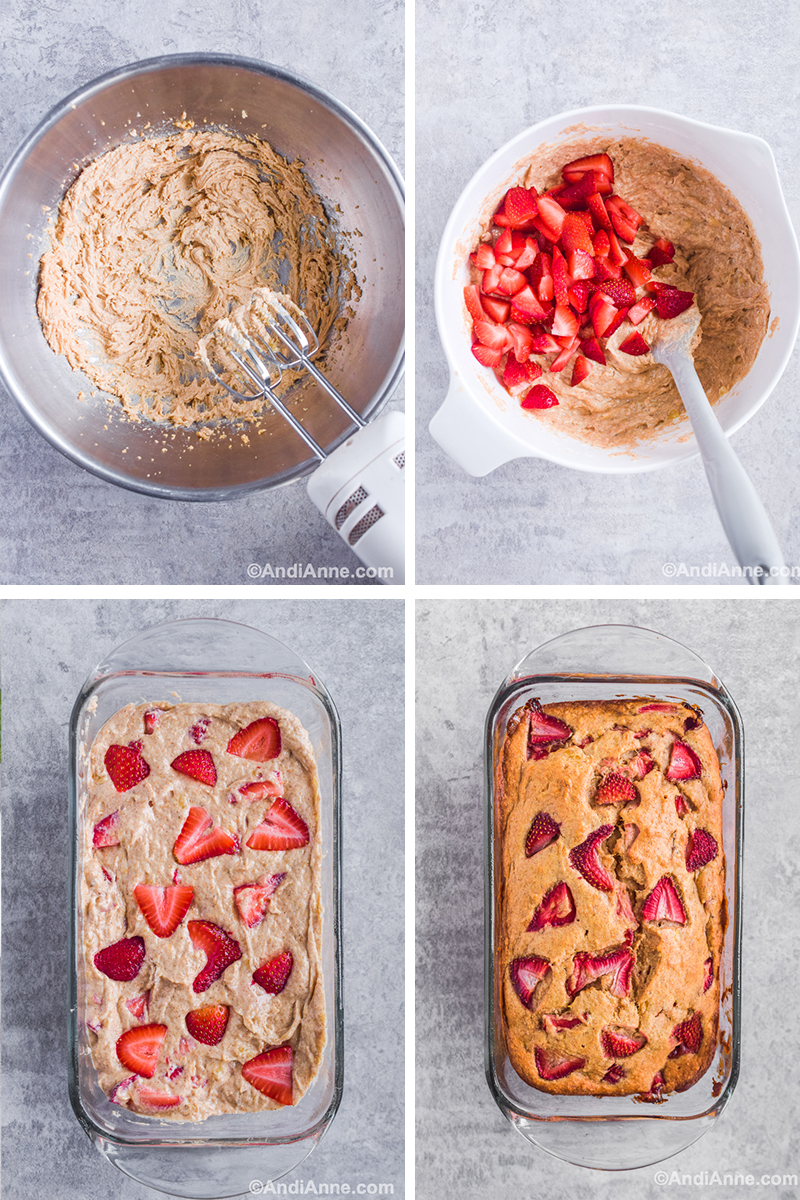Four images, first is steel bowl with creamed butter and hand mixer. Second is batter with strawberries dumped on top and spatula. Third is glass loaf pan with batter and slices of strawberries on top. Four is baked banana bread in glass loaf pan with strawberries on top.