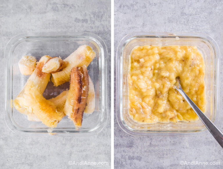 Two images of ripe bananas, first is just bananas, second is mashed bananas with a fork.
