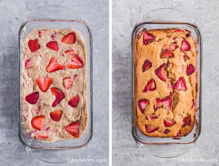 Two images of glass loaf pan: Wet batter with strawberries on top, and baked banana bread topped with strawberries.