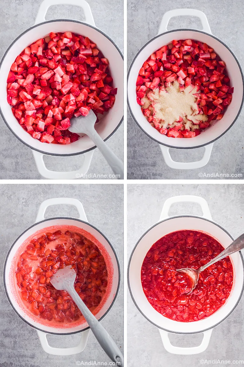 Four images to make recipe together: First one is frozen strawberries in white dutch oven with spatula, second with sugar dumped in pot, third is cooking ingredients with grey spatula, four is finished strawberry sauce in white pot with a large silver serving spoon.
