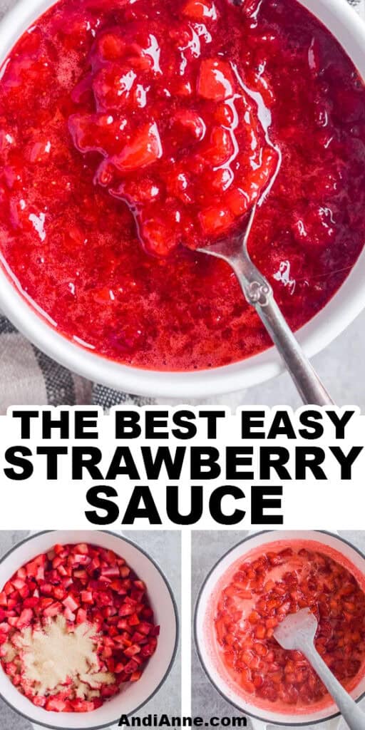 A bowl of strawberry sauce, and a pot of strawberries and sugar breaking down over stove heat to make the sauce