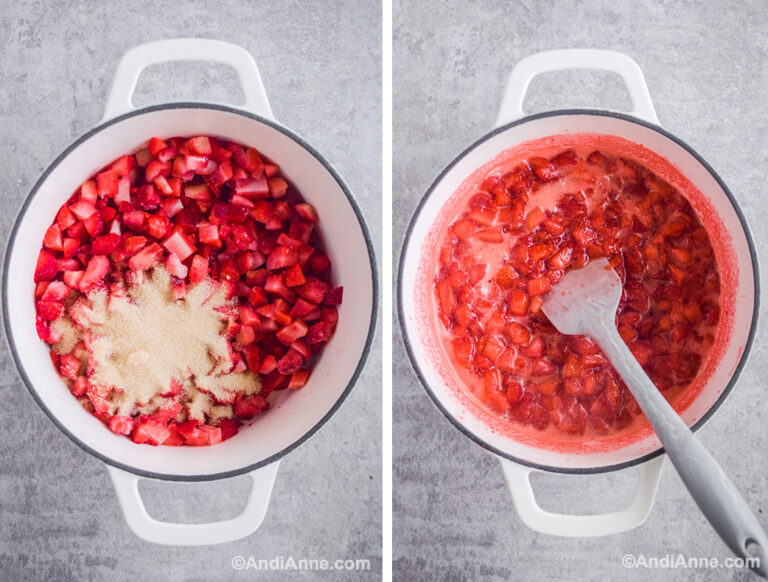 Two images of white pot: first with chopped strawberries and cane sugar. Second with cooked strawberry sauce and spatula.