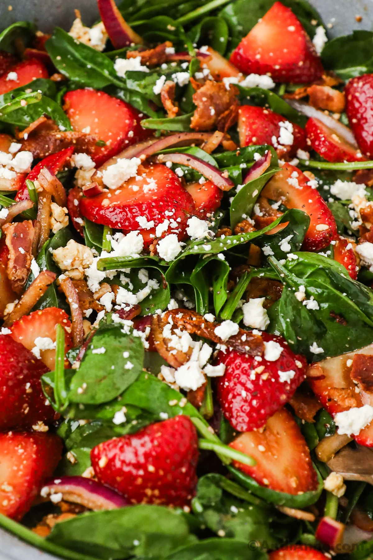 Sliced strawberries, spinach, feta and bacon in a salad.