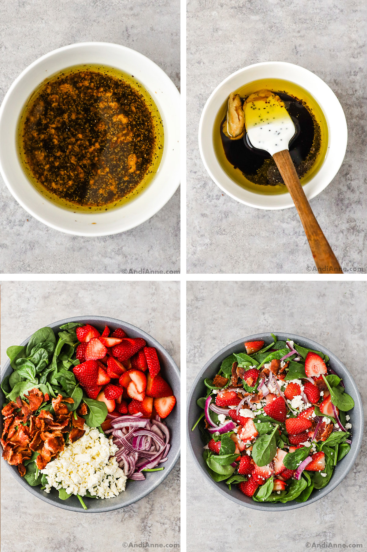 Four images together, First two of salad dressing ingredients in a small bowl. Second two of chopped strawberries, onion, bacon and feta over spinach, first unmixed then mixed together.