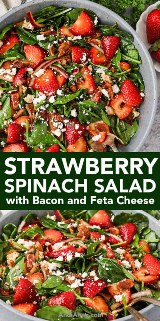 A bowl of strawberry spinach salad with crumbled feta and bacon