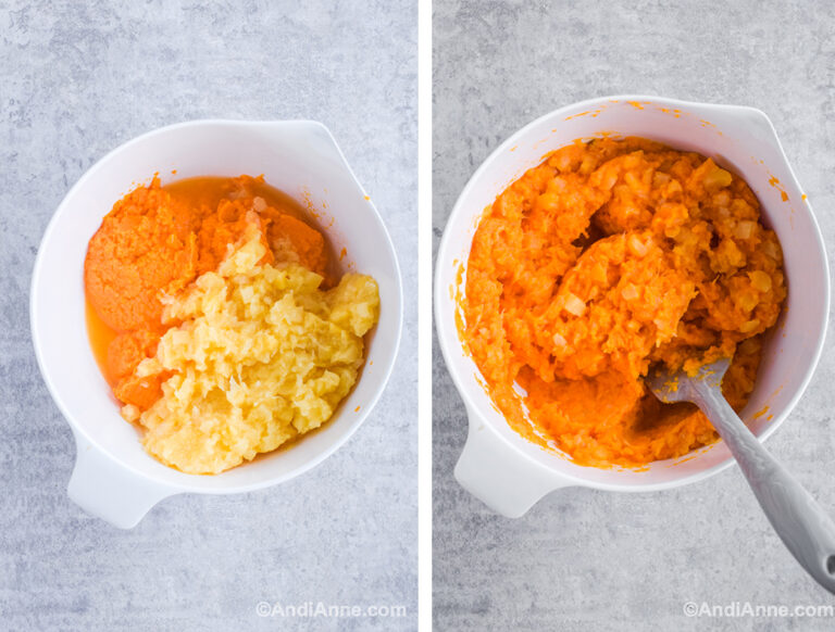Two images of a white bowl: first with mashed sweet potato and crushed pineapple. Second with ingredients mixed together and a spatula.