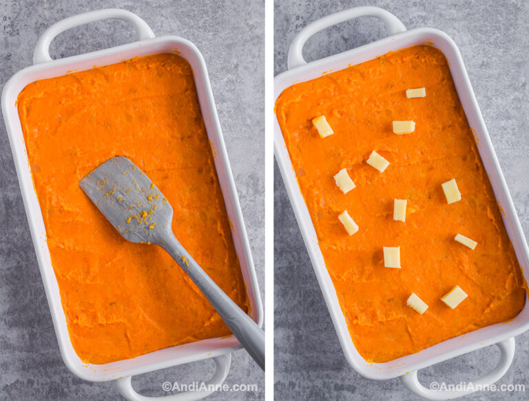 Two images of casserole dish with mashed sweet potato. First with a spatula, second with chunks of butter on top.