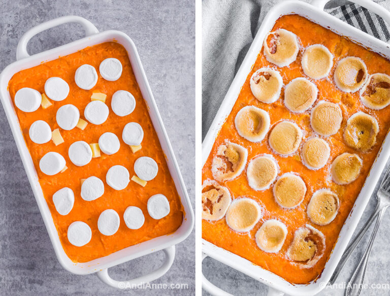 Two images of a white casserole dish: first with uncooked sweet potato and marshmallows on top. Second with cooked recipe and golden melted marshmallows.