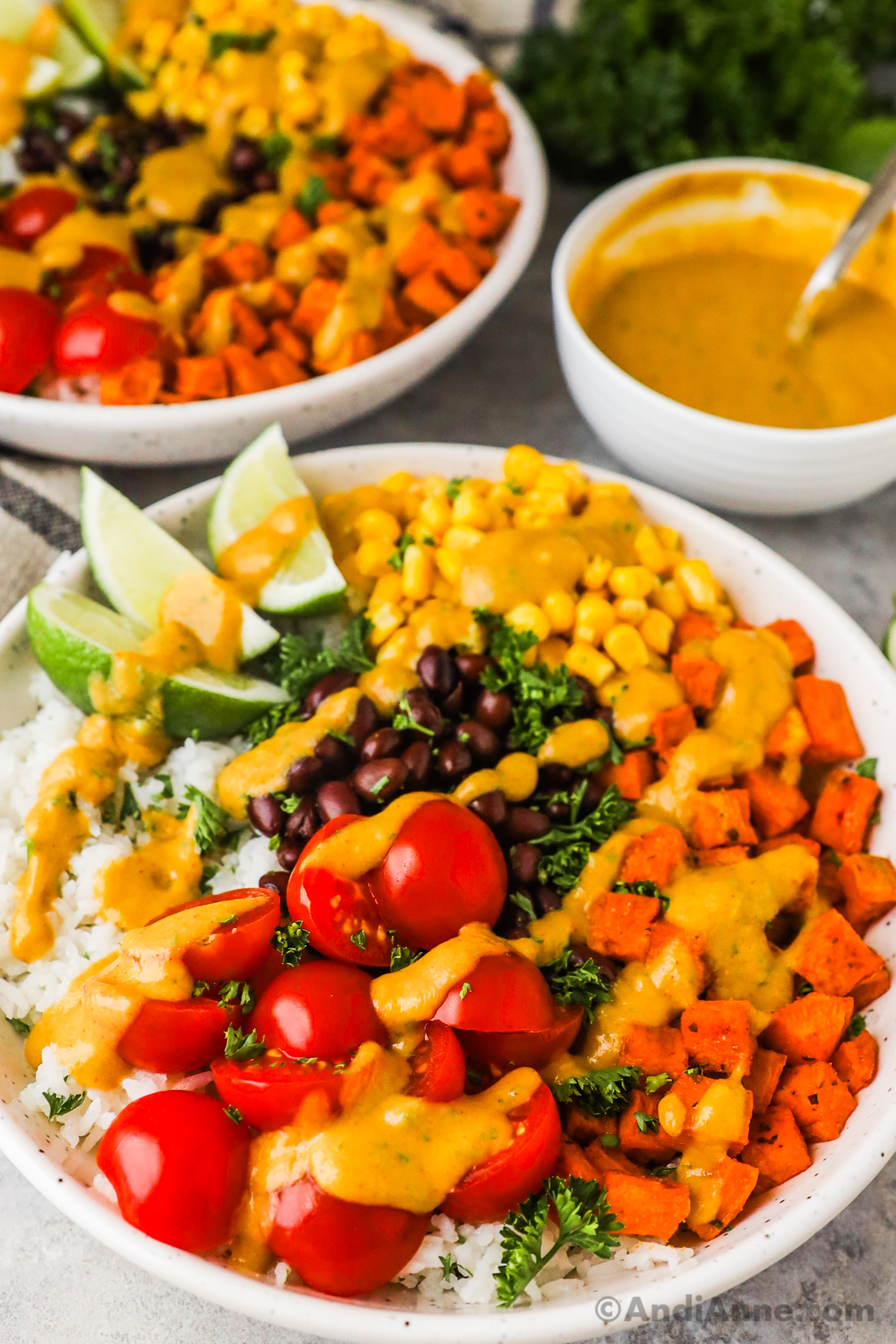 Two plates of sweet potato taco bowls with tomatoes, black beans, rice, corn and parsley, drizzled with dressing. A bowl of creamy dressing behind it.