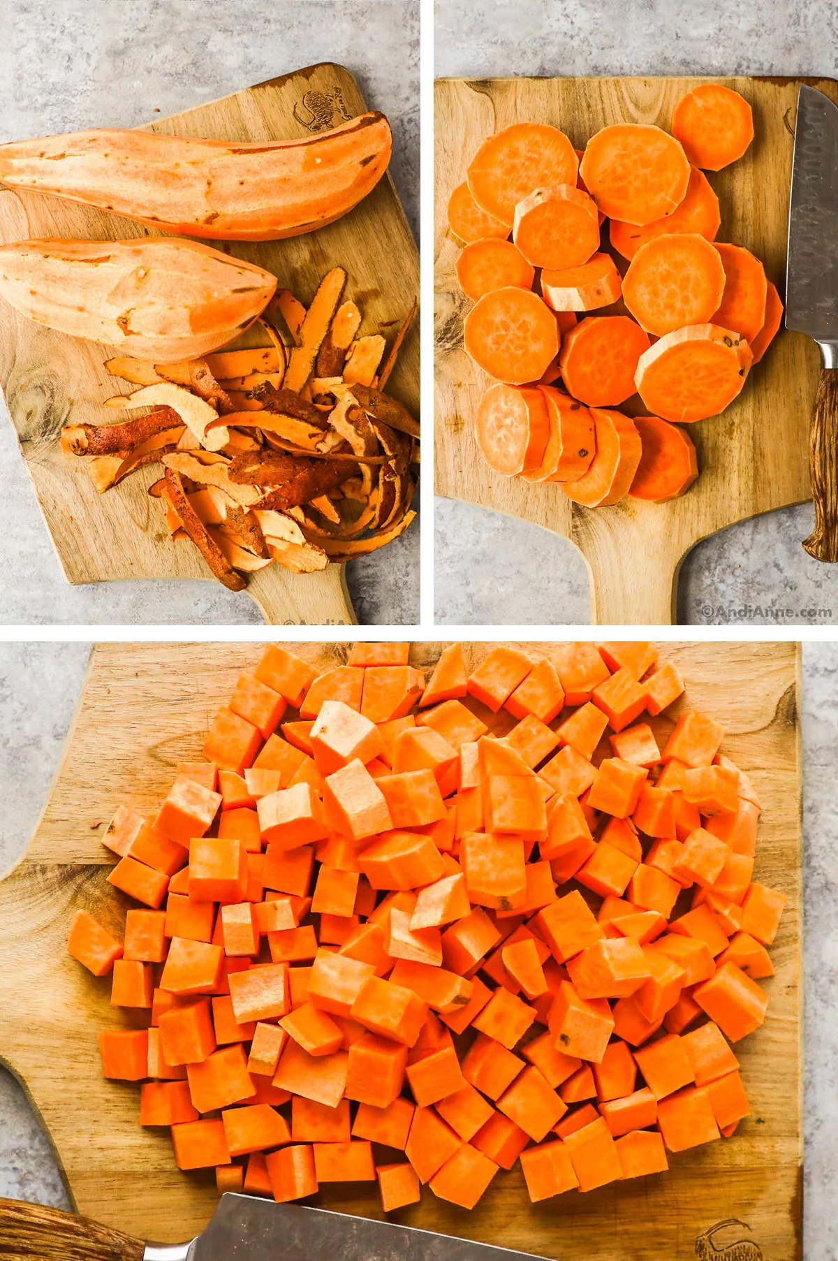 Three images grouped together of peeled, sliced and chopped sweet potatoes.