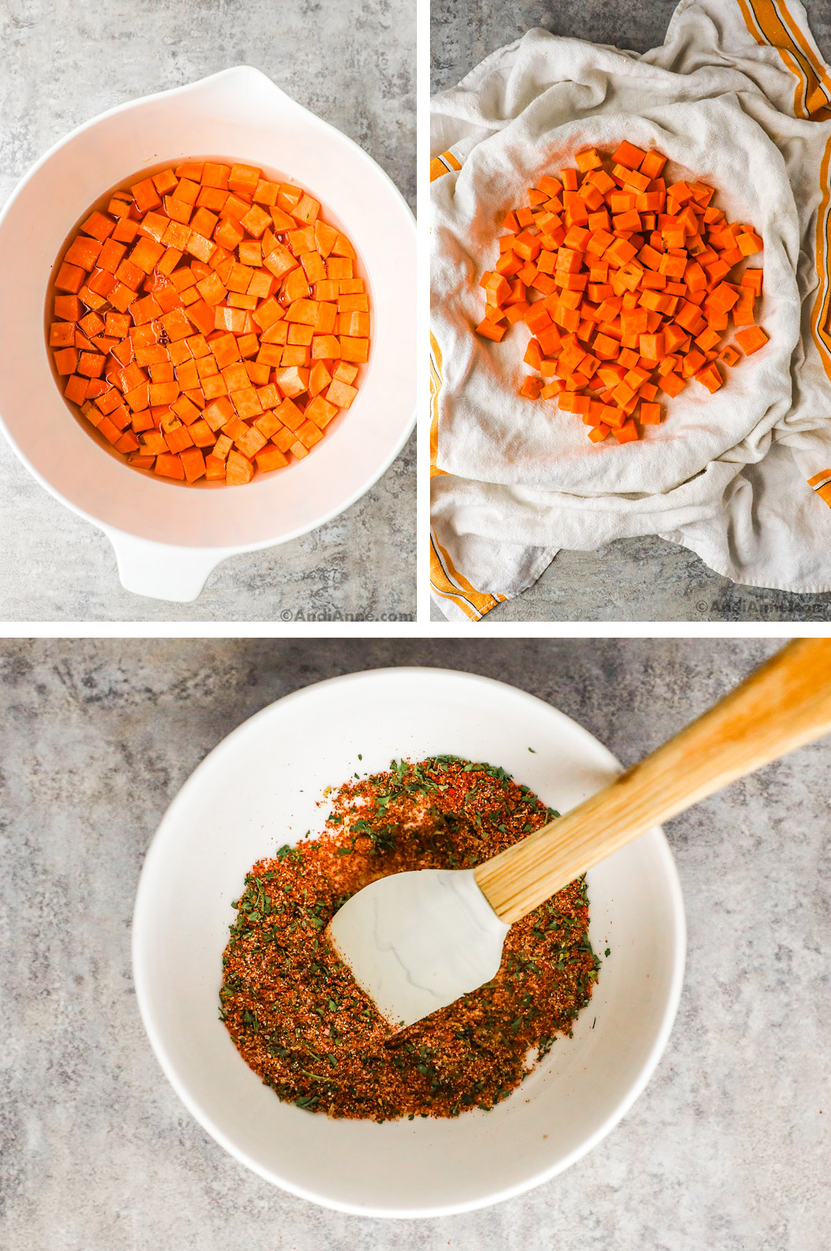 Bowl of chopped sweet potato in water, chopped sweet potato on kitchen towel, and bowl of spices with a spatula.