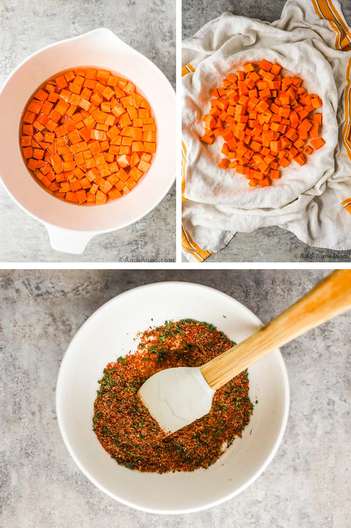 Bowl of chopped sweet potato in water, chopped sweet potato on kitchen towel, and bowl of spices with a spatula.