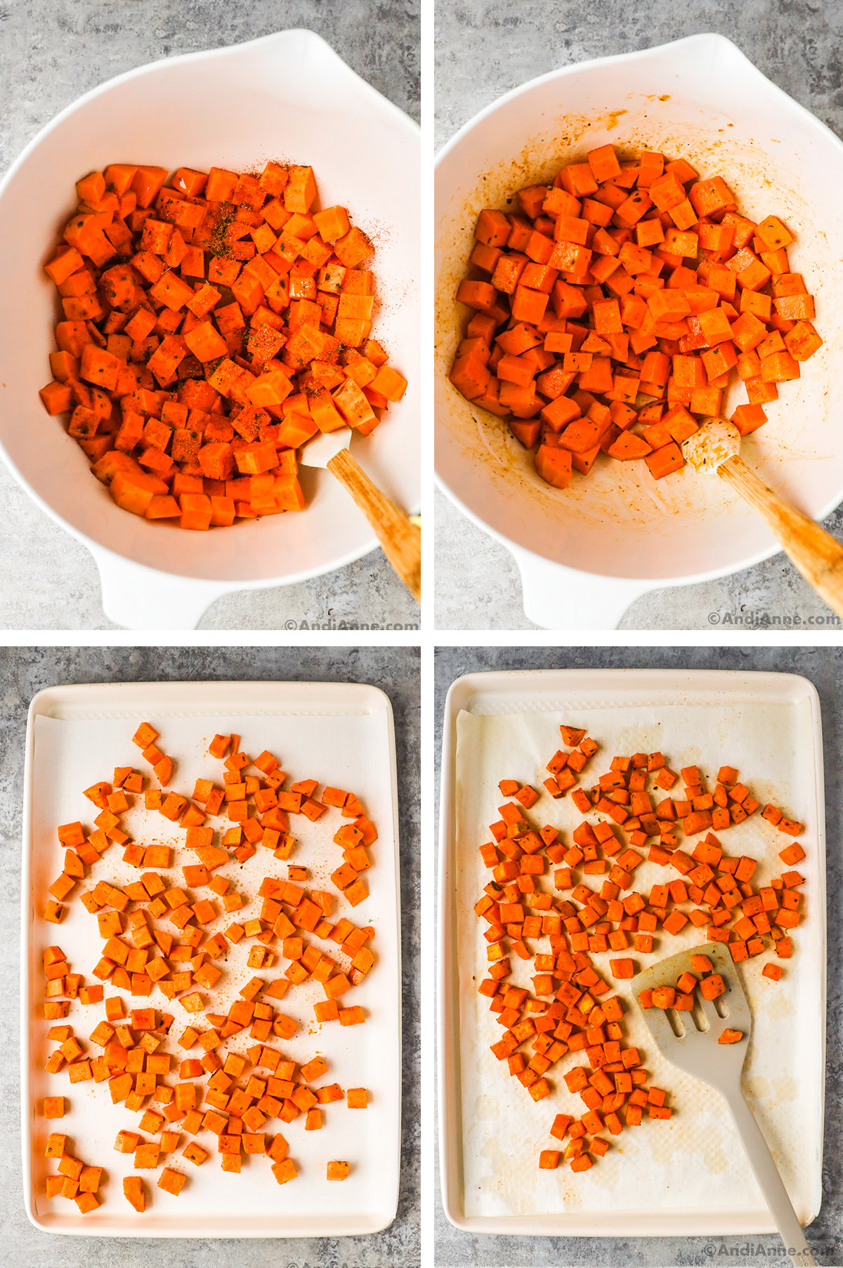 Four images together. First two are chopped sweet potato with spices. Second two are chopped sweet potato on a baking sheet.