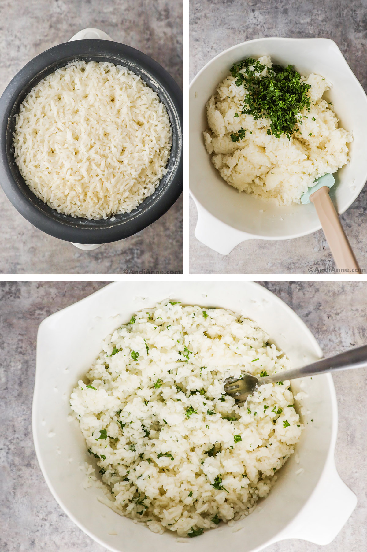 Three images, first is cooked rice, second and third are bowls of rice with parsley unmixed and then mixed.