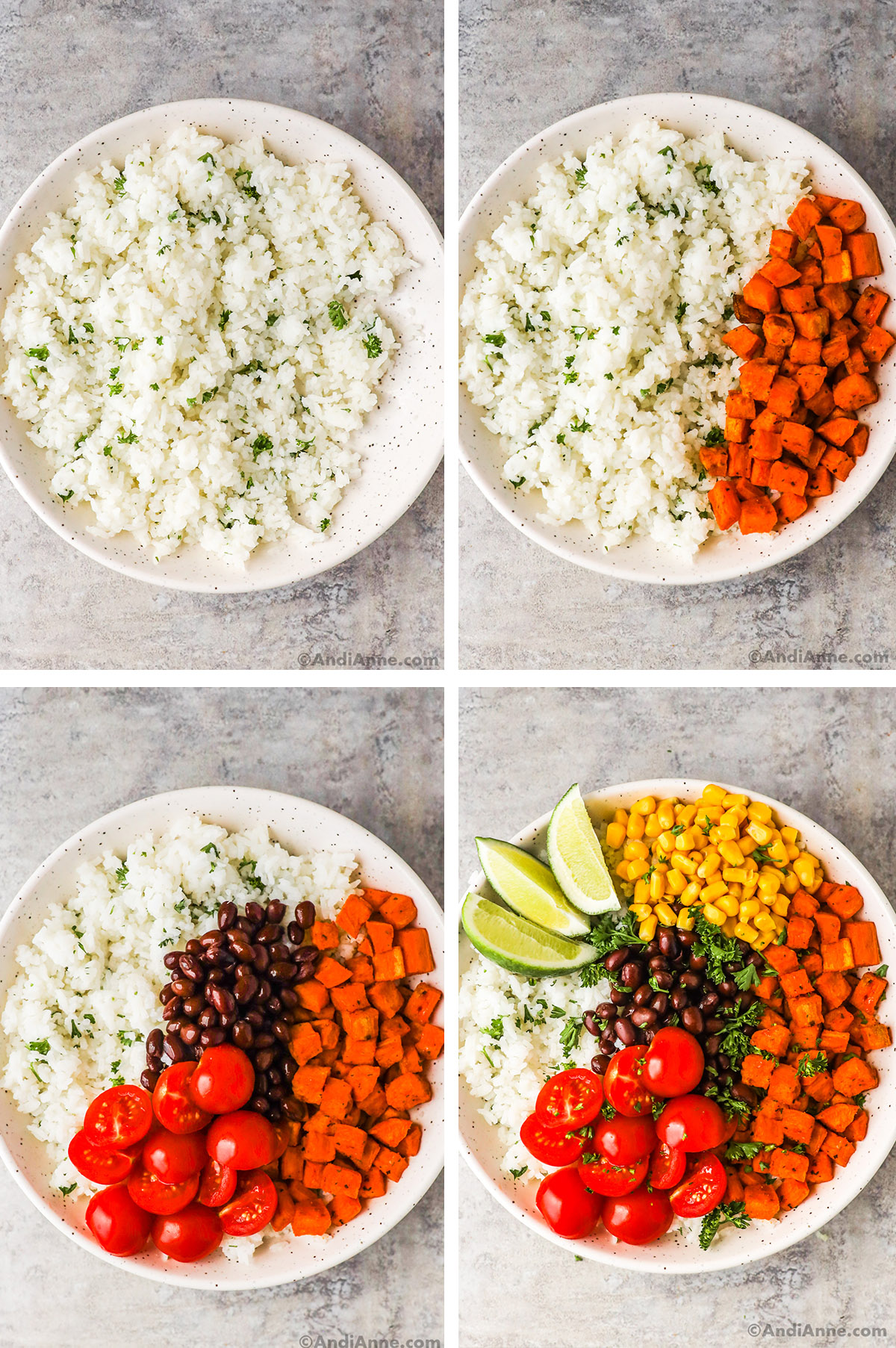 Four images of a plate, first with parsley rice, second with added chopped sweet potato, third with black beans and tomatoes added. Fourth with corn and sliced limes added.