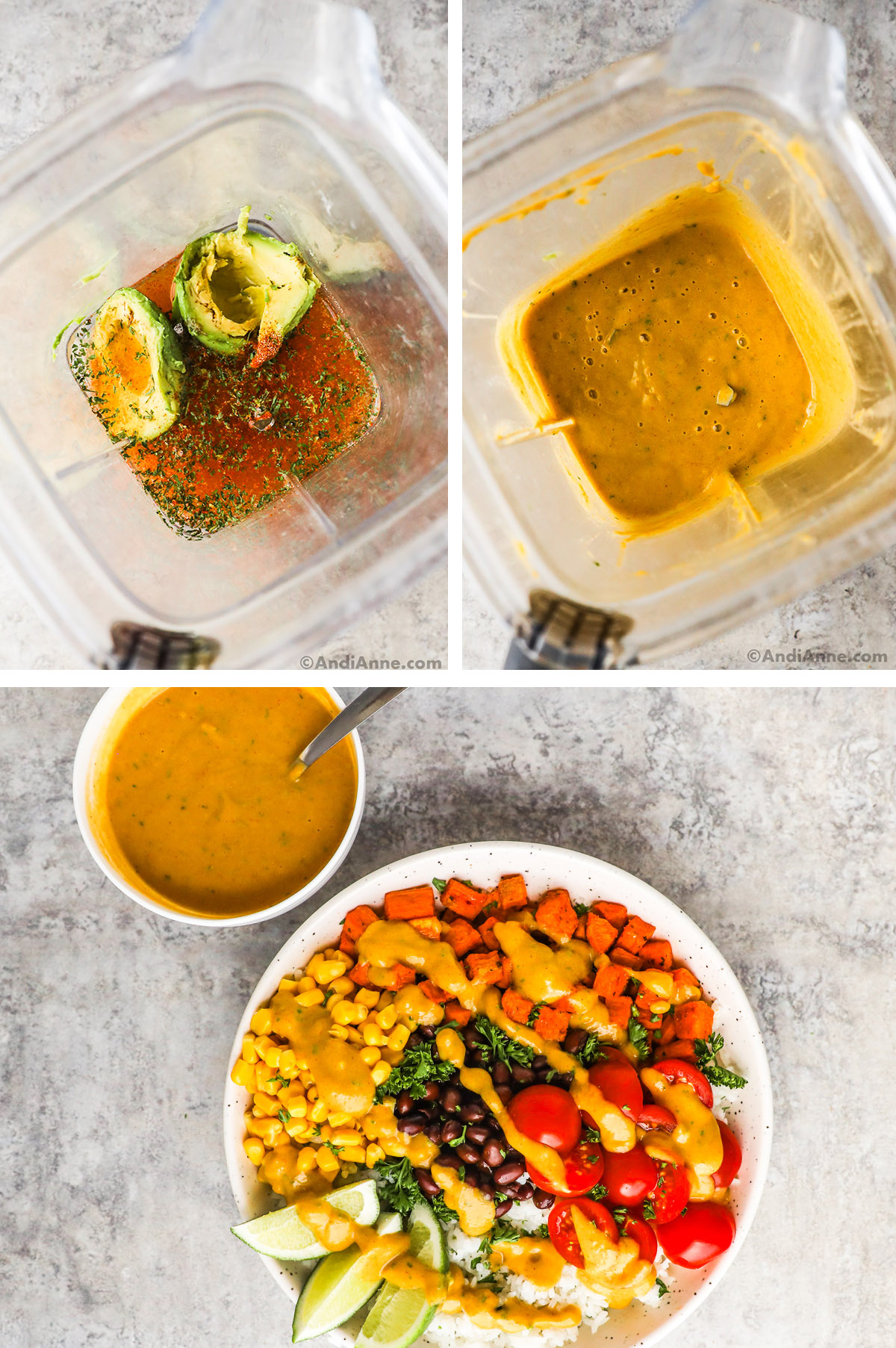 A blender with liquid, spices and avocado, first unmixed then blended to a creamy yellow color. Last image is sweet potato taco bowl drizzled with dressing. A bowl of dressing beside it.