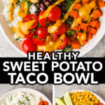 A sweet potato taco bowl with corn, black beans, tomatoes and lime wedges. Drizzled with dressing.