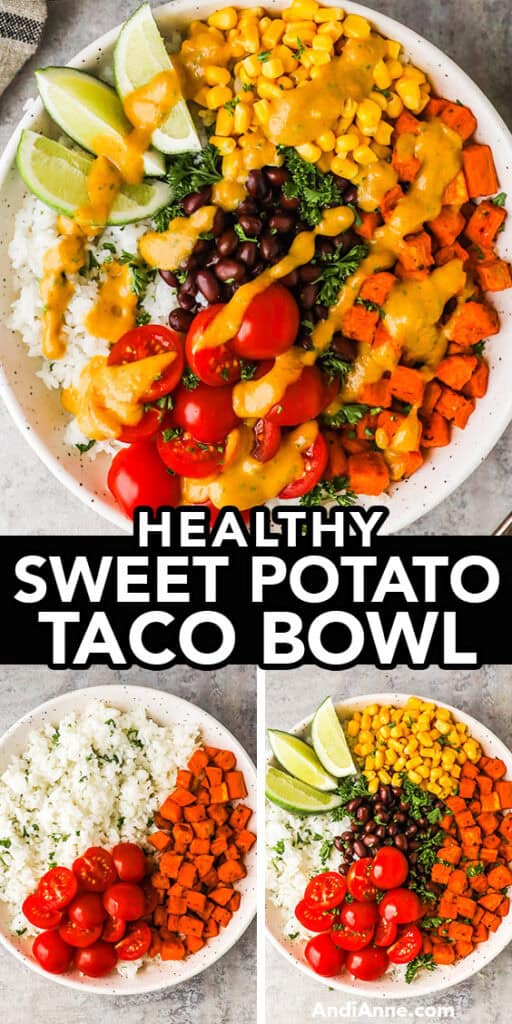 A sweet potato taco bowl with corn, black beans, tomatoes and lime wedges. Drizzled with dressing.